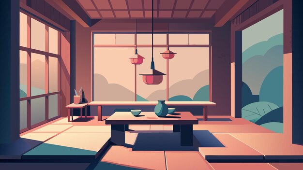 An illustration of a serene tea room with soft lighting and minimal decor providing a peaceful and