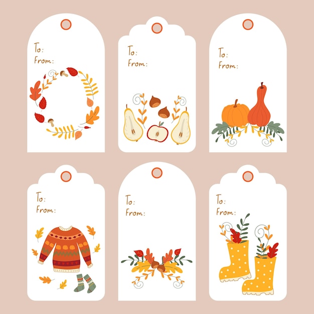 illustration of a set of autumn tags and labels.Gift tags with pumpkins sweater and autumn motifs