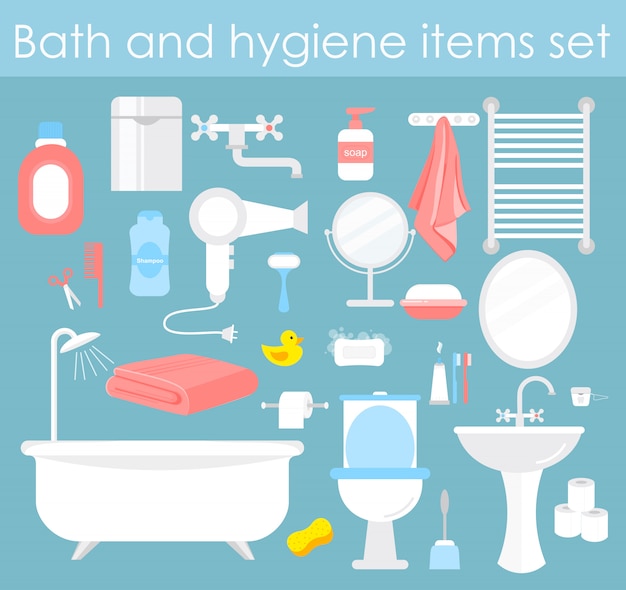  illustration set of bathroom elements. Hygiene and toilet icons in  cartoon style.