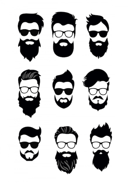  illustration of set of bearded men faces, hipsters with different haircuts, mustaches, beards. Silhouettes men haircuts flat style.