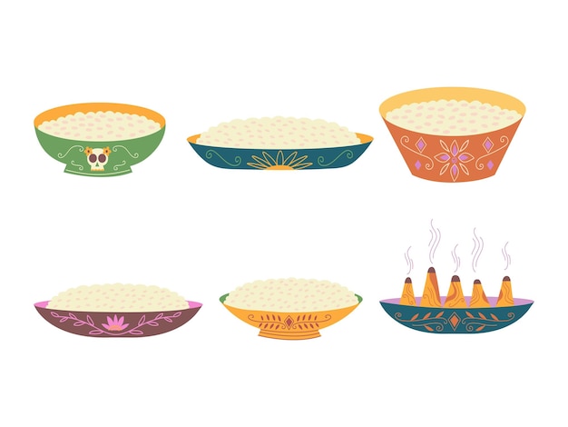 Illustration of a set of bowls with boiled rice and steam