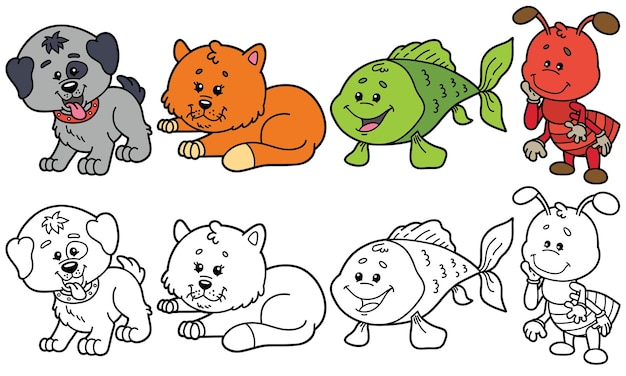 Vector illustration set of cartoon animals and variants for coloring book