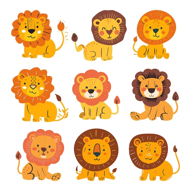 Illustration set of cute lion on white background