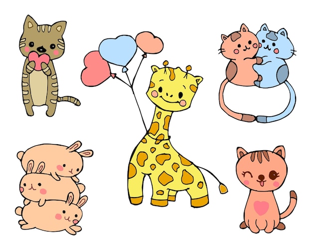 Illustration, set of drawn cute loving animals. Kittens, giraffe, rabbits with hearts and balloons.
