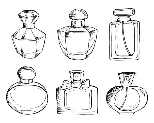 Vector illustration set of drawn perfume bottles scetch icons for the beauty industry