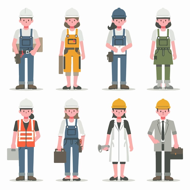 Illustration set of factory workers in flat design style