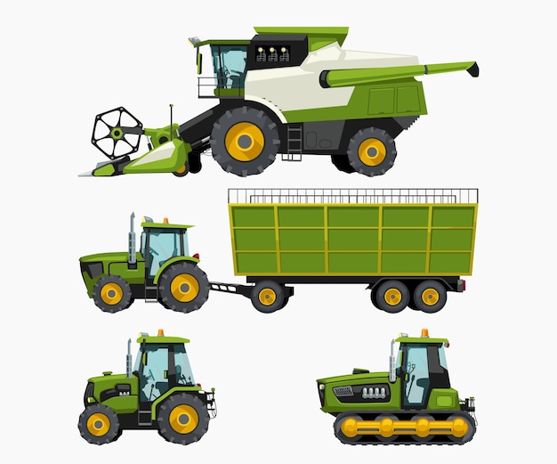 Illustration of set of farm vehicles side view isolated on white