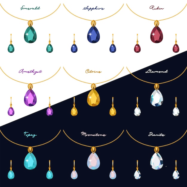 Illustration set of gold jewelry pendant on a chain and earrings with different gems