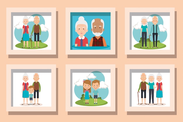 illustration set of grandparents with grandchildren