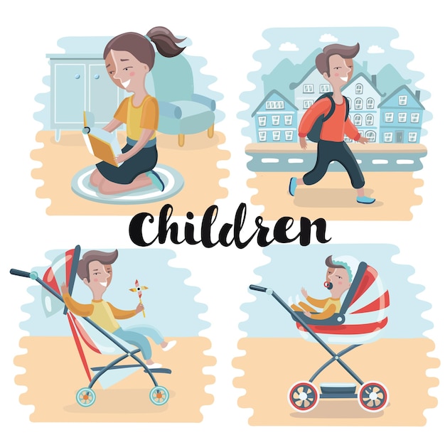 illustration of set of happy children in different situations