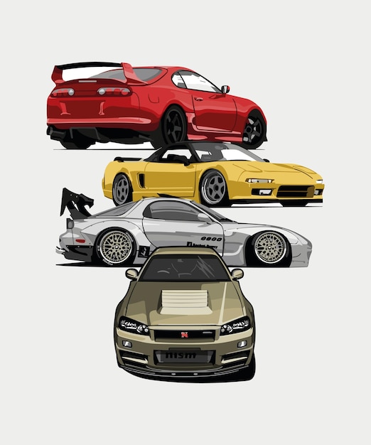 Illustration of a set of high performance japanese cars jdm collection