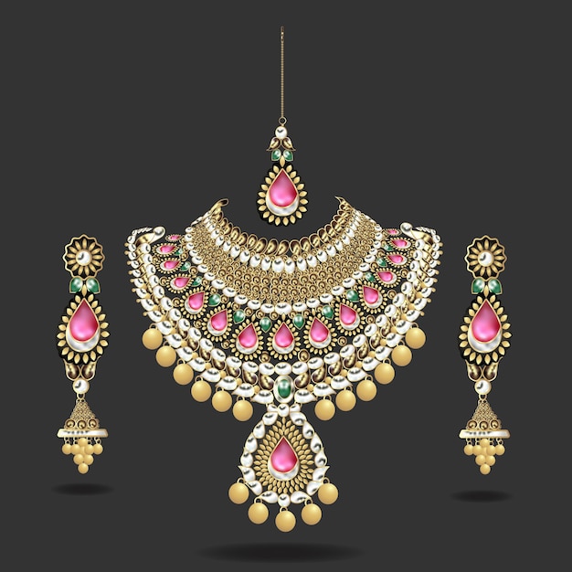 Illustration set jewelry gold vintage necklace with precious stones earrings