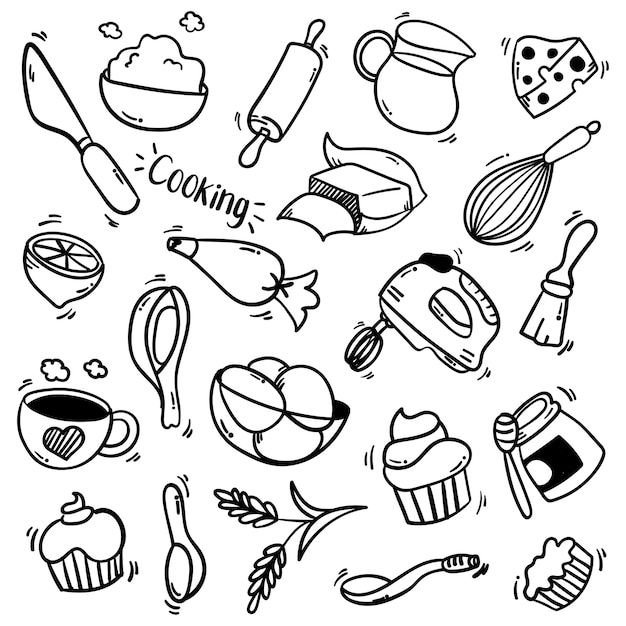 Illustration set of Kitchen Elements with Doodle Style