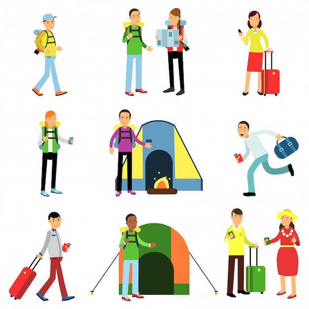 illustration set of men and women tourists in action. Travellers with luggage, camping recreation, family traveling, hiking