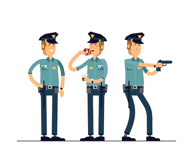 illustration set policeman character. A policeman in uniform is standing in different poses.