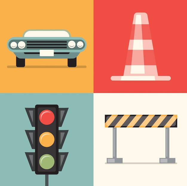 illustration  set of road: car, cone, traffic lights, repair