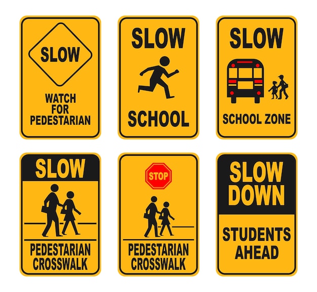 illustration set of school zone street or pedestrian area pedestrians yellow signs school signs