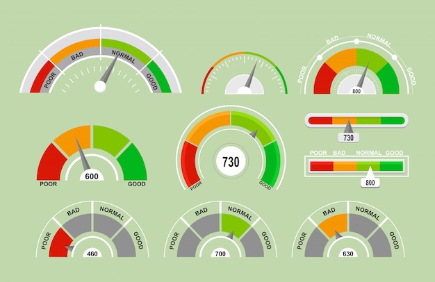   illustration set of speedometers measuring icons. Indicators collection with different pointers in flat cartoon style.