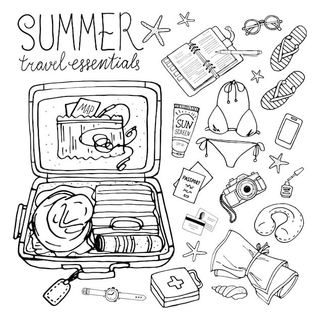 Illustration set of travel bags Open suitcase