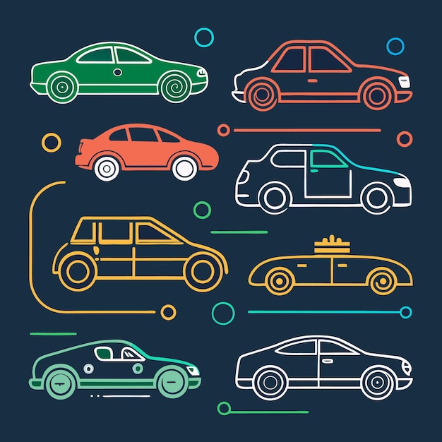 Vector an illustration of seven stylized cars in various colors