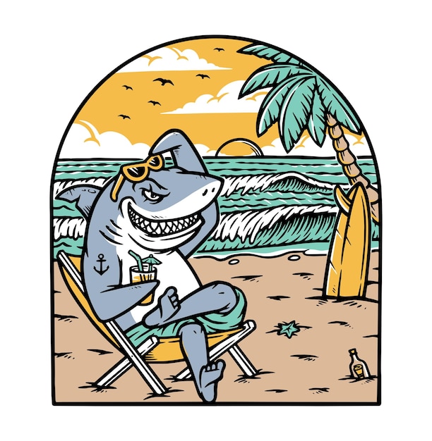 Illustration of a shark on a beach with a palm tree in the background.