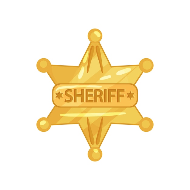 Vector illustration of sheriff s golden badge in star shape with inscription. cop token. shiny yellow police officer emblem. cartoon vector icon in trendy flat style isolated on white background.