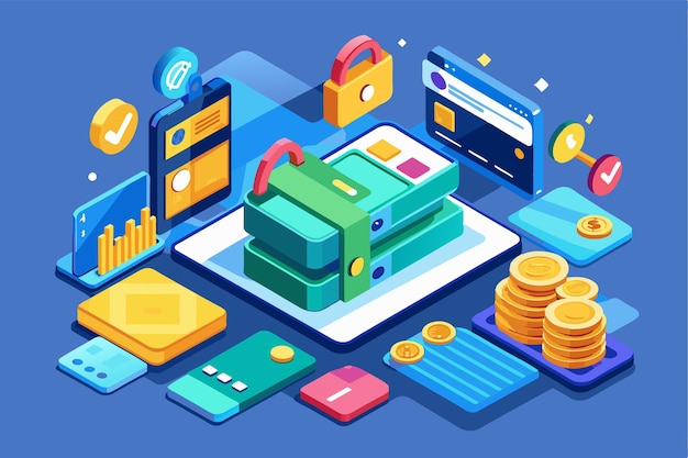 Vector an illustration showcases a customizable ewallet surrounded by transaction elements and security features wallet customizable isometric illustration