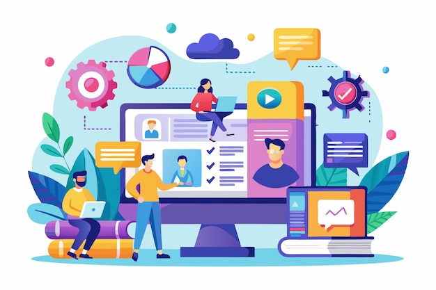 Illustration showcases people interacting with technology for a webinar highlighting engagement and learning Customizable flat illustration for webinars