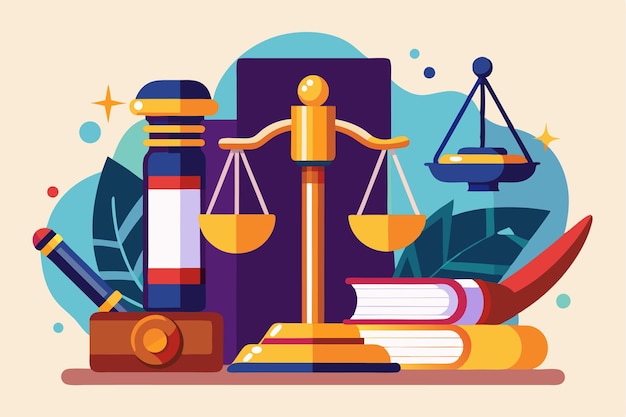 Vector an illustration showcasing gavel scales of justice and law books emphasizing the theme of jurisprudence jurisprudence and legislation