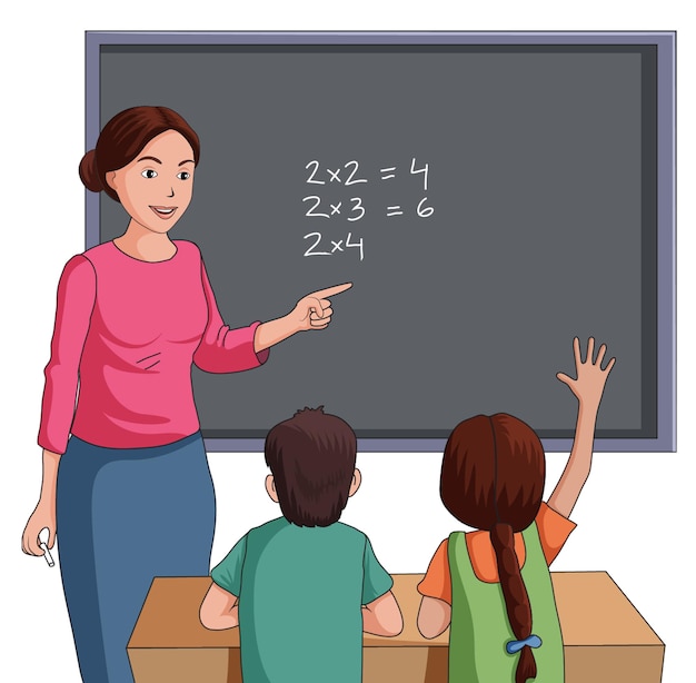 Illustration showing a classroom scene with teacher teaching and students learning