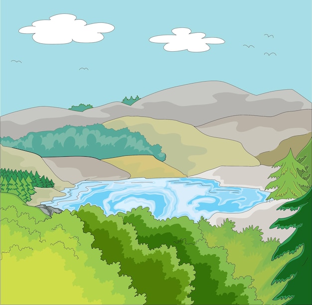 Illustration showing river, mountain, trees