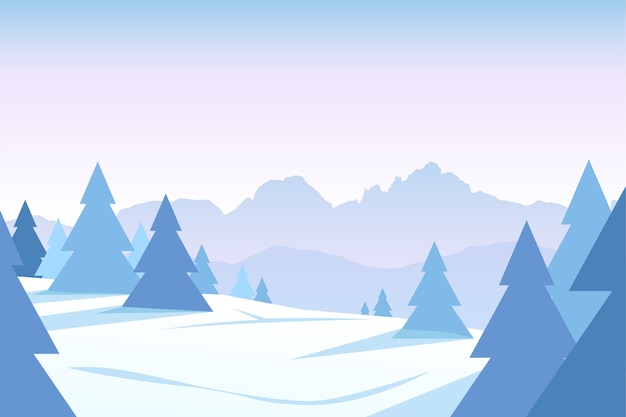 Illustration of silent snowy forest with mountain ridge at sunset