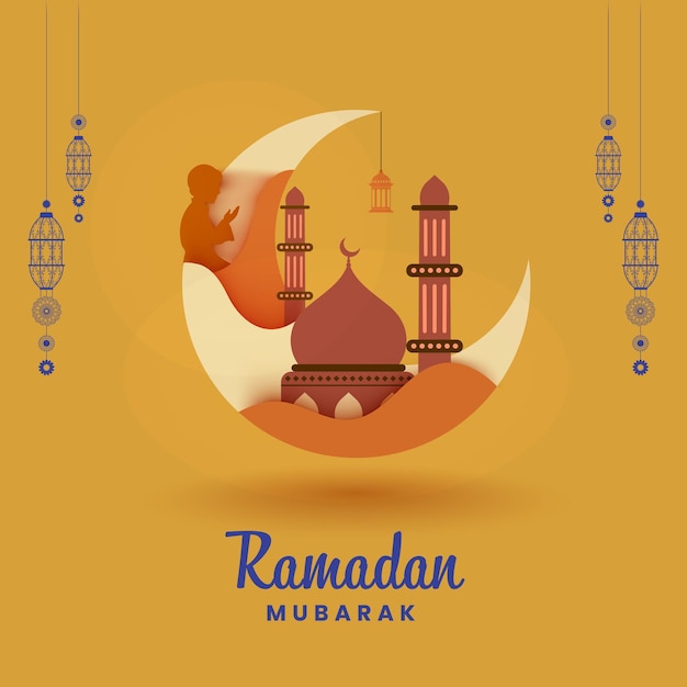 Illustration of Silhouette Muslim Man Praying on Crescent Moon with Mosque and Hanging Lantern on Yellow Background for Ramadan Mubarak Celebration Concept