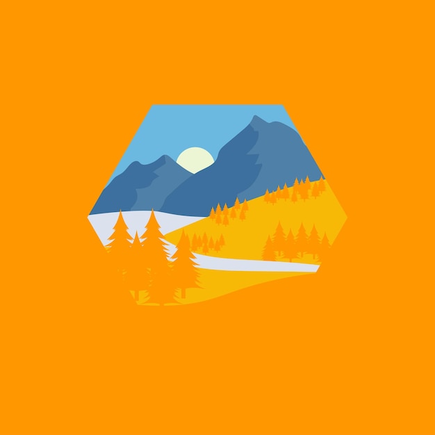 illustration of a simple mountain landscape in the shape of a hexagon