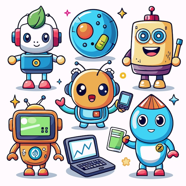 Vector an illustration of six cartoon robots with different designs and personalities holding various technological items including a laptop cell phones and headphones