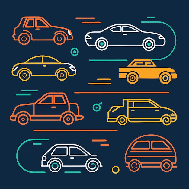 Vector illustration of six different coloured cars in outline form against a blue background with speed lines behind