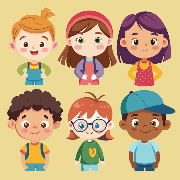 An illustration of six diverse children with various hairstyles outfits and expressions They are all smiling and looking happy