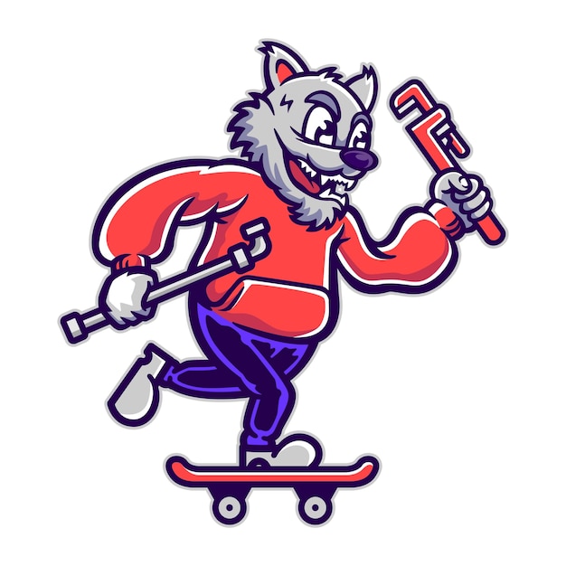 illustration of skate wolf with pipe and wrench