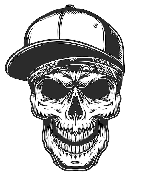 Illustration of skull in bandana and baseball cap