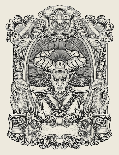 Illustration skull beer with engraving ornament frame