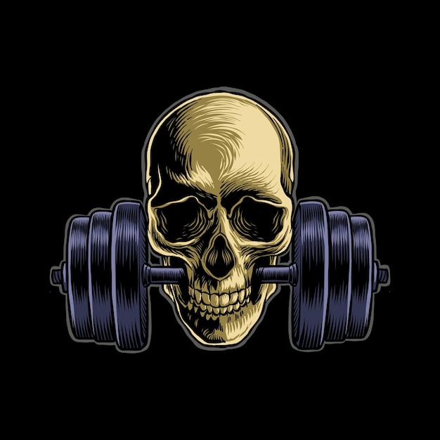 Vector illustration of a skull biting a barbell