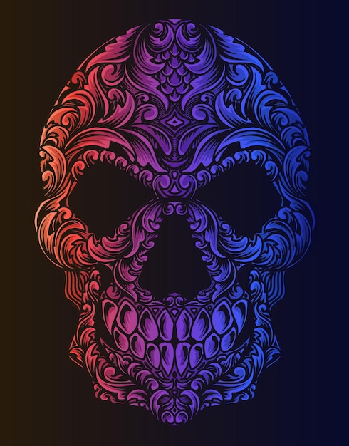 Illustration skull head engraving ornament style with neon color