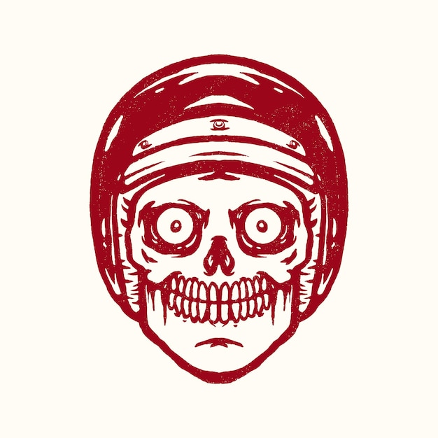 Illustration of skull head wearing a retro helmet line art drawing technique