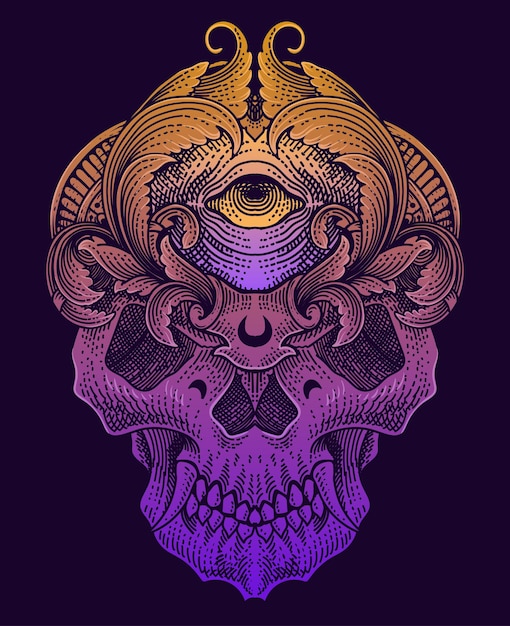 Illustration skull head with engraving ornament style