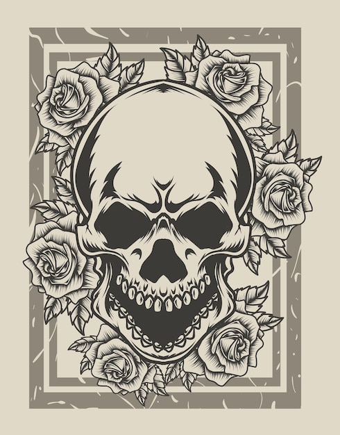 Illustration skull head with rose flower monochrome style