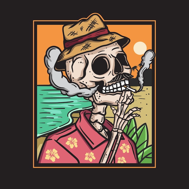 Illustration of a skull smoking casually on a beach background