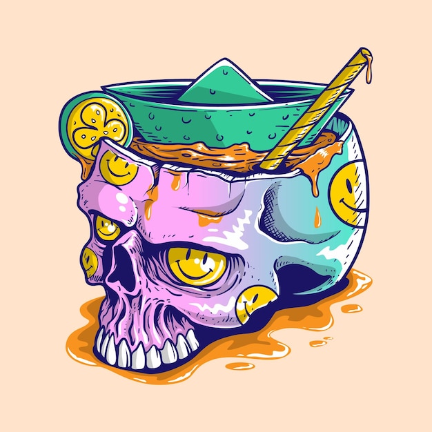 Illustration of Skull with paper boat and straw