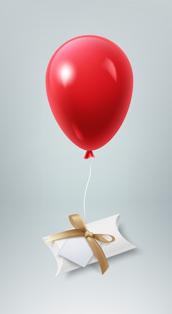 illustration of small present box with bow and paper card on balloon