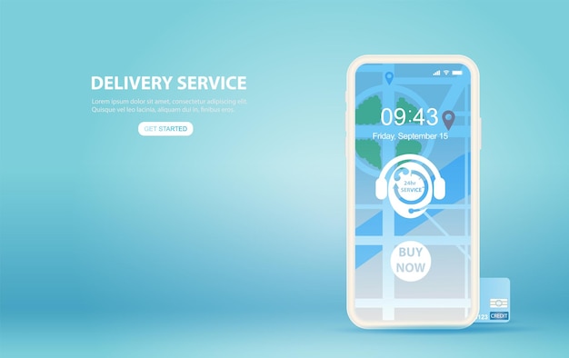 illustration of smartphone with Online delivery service application concept.Creative Paper cut and craft style on blue background.Graphic minimal map location order transport.Design technology Vector