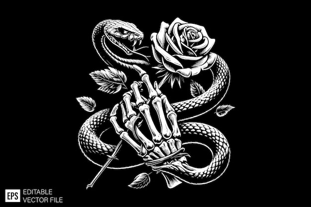 Illustration of snake on skeleton hand holding flower vector design